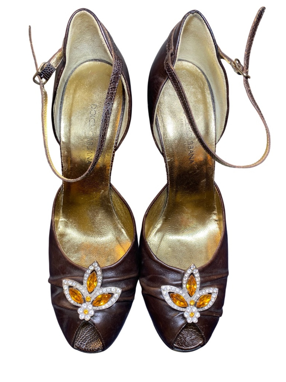 ARCHIVAL Dolce & Gabbana Amber Crystal Lizard Embossed Silk Heels 37.5 US 7.5